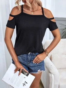 Cold Shoulder Tee - Black - View 6