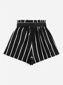 SHEIN VCAY Vertical Striped Paperbag Waist Belted Shorts - Black - View 2