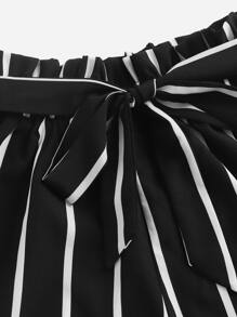 SHEIN VCAY Vertical Striped Paperbag Waist Belted Shorts - Black - View 4