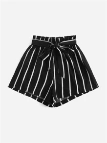 SHEIN VCAY Vertical Striped Paperbag Waist Belted Shorts - Black - View 5