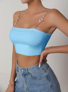 SHEIN SXY Rhinestone Heart-Ring Detail Cami Crop Top - Baby Blue - View 5