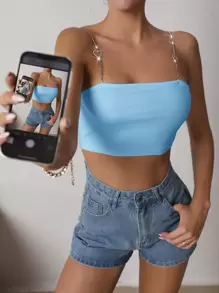 SHEIN SXY Rhinestone Heart-Ring Detail Cami Crop Top - Baby Blue - View 3