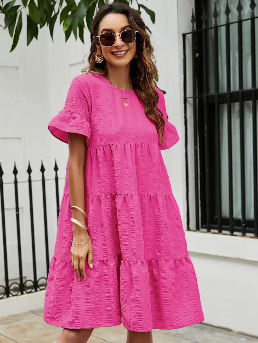 Breezaya Solid Flounce Sleeve Smock Dress Vacation Beach Outfits Women - Hot Pink - View 1