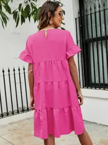 Breezaya Solid Flounce Sleeve Smock Dress Vacation Beach Outfits Women - Hot Pink - View 2