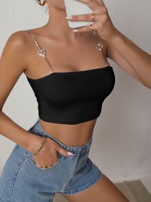 SHEIN SXY Rhinestone Heart-Ring Detail Cami Crop Top - Black - View 3