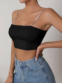 SHEIN SXY Rhinestone Heart-Ring Detail Cami Crop Top - Black - View 4