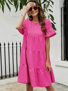 Breezaya Solid Flounce Sleeve Smock Dress Vacation Beach Outfits Women - Hot Pink - View 5