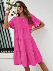 Breezaya Solid Flounce Sleeve Smock Dress Vacation Beach Outfits Women - Hot Pink - View 6