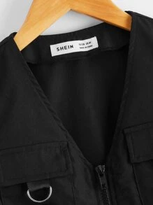 SHEIN Leap Crew Tween Boy 1pc Flap Pocket Zipper Vest Jacket,In Fall/Winter - Black - View 7
