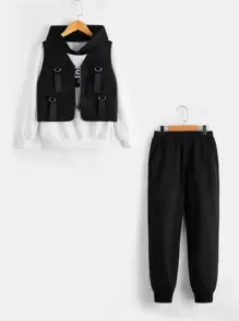 SHEIN Leap Crew Tween Boy 1pc Flap Pocket Zipper Vest Jacket,In Fall/Winter - Black - View 6