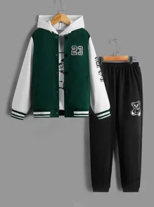 SHEIN 男孩1入組字母圖案撞色條紋飾邊學院風夾克 - 墨綠色 - 查看 2