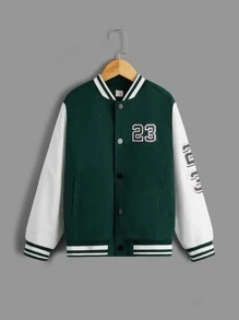 SHEIN 男孩1入組字母圖案撞色條紋飾邊學院風夾克 - 墨綠色 - 查看 1