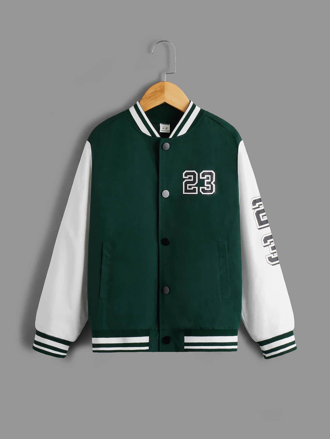 SHEIN 男孩1入組字母圖案撞色條紋飾邊學院風夾克 - 墨綠色 - 查看 1