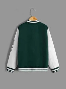 SHEIN 男孩1入組字母圖案撞色條紋飾邊學院風夾克 - 墨綠色 - 查看 4