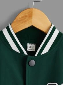 SHEIN 男孩1入組字母圖案撞色條紋飾邊學院風夾克 - 墨綠色 - 查看 6