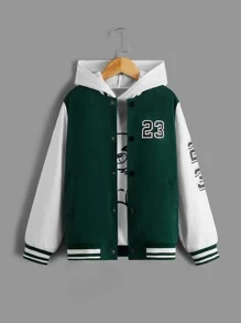 SHEIN 男孩1入組字母圖案撞色條紋飾邊學院風夾克 - 墨綠色 - 查看 3