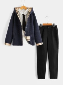 SHEIN Boys 1pc Plaid Quilted Snap Button Hooded Coat - Navy Blue - View 3