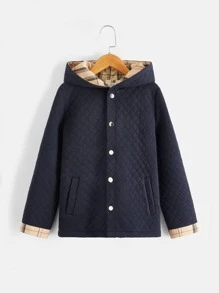 SHEIN Boys 1pc Plaid Quilted Snap Button Hooded Coat - Navy Blue - View 2