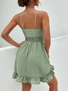 SHEIN Frenchy Swiss Dot Guipure Lace Insert Ruffle Hem Cami Dress Summer Green - Mint Green - View 2