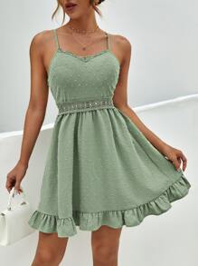 SHEIN Frenchy Swiss Dot Guipure Lace Insert Ruffle Hem Cami Dress Summer Green - Mint Green - View 3
