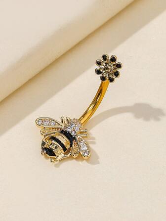 Bague de nombril de mode punk avec décor d'abeille et de fleur en zircone cubique. Bijou de perçage corporel pour la Saint-Valentin
