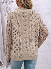 SHEIN LUNE Scallop Trim Drop Shoulder Pointelle Knit Jumper - Khaki - View 4