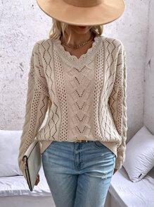 SHEIN LUNE Scallop Trim Drop Shoulder Pointelle Knit Jumper - Khaki - View 1