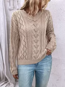 SHEIN LUNE Scallop Trim Drop Shoulder Pointelle Knit Jumper - Khaki - View 2