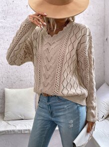 SHEIN LUNE Scallop Trim Drop Shoulder Pointelle Knit Jumper - Khaki - View 6