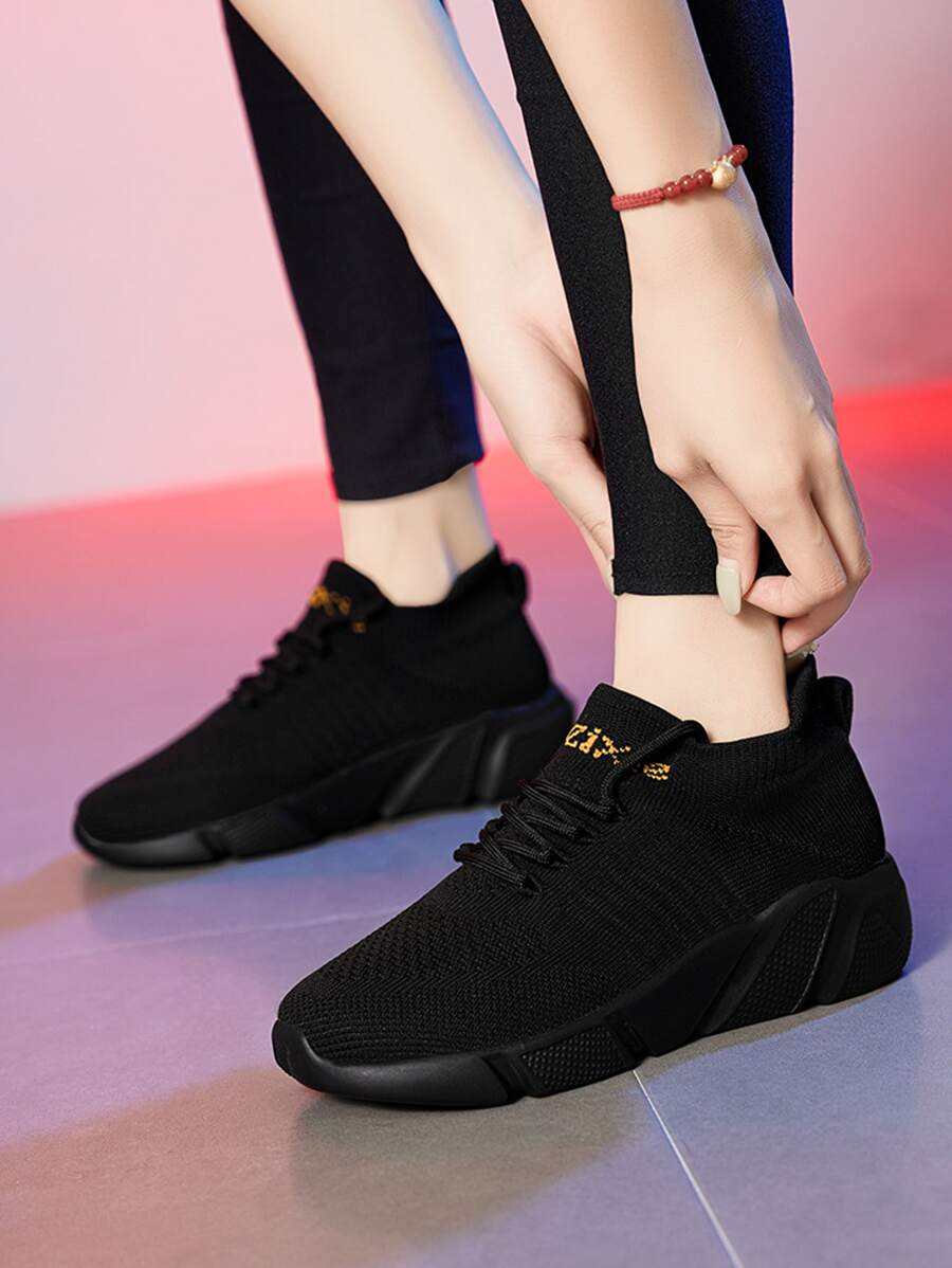 Letter Graphic Lace-up Front Running Shoes, Fashion Outdoor Non Slip Casual Shoes For Women - Black - View 1