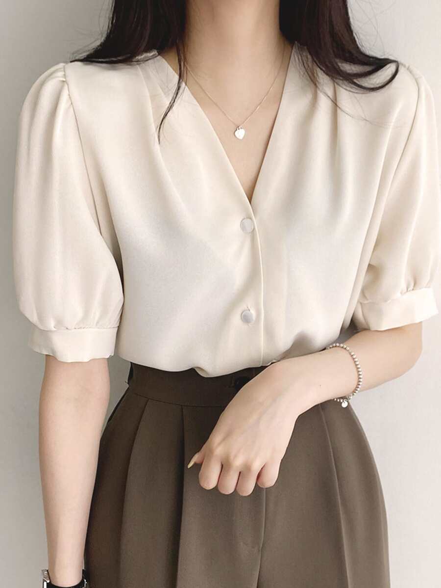 DAZY Solid Button Front Puff Sleeve Blouse - White - View 1