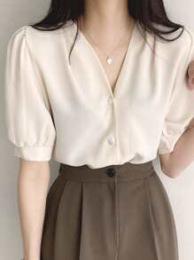 DAZY Solid Button Front Puff Sleeve Blouse - White - View 3