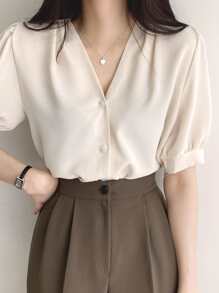 DAZY Solid Button Front Puff Sleeve Blouse - White - View 4