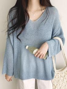 DAZY 條紋針織落肩袖套頭毛衣 - 藍色 - 查看 2