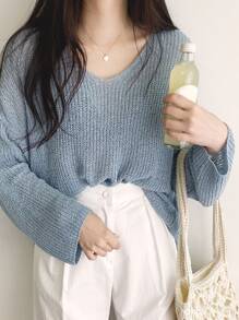 DAZY 條紋針織落肩袖套頭毛衣 - 藍色 - 查看 5