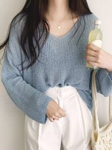 DAZY 條紋針織落肩袖套頭毛衣 - 藍色 - 查看 6