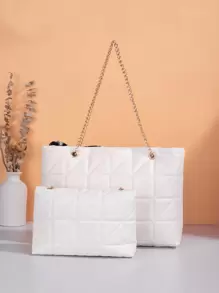 2pcs Bow Decor Quilted Skinny Scarf Decor Chain Shoulder Tote Bag With Square Bag,Best Work Bag For Women White-Collar Workers,Teacher Teachers' Day,Outdoors,Travel,Outings,Shopping,Work,Business,Commute,Mommy And Me Matching Women Bags,Best Mother's Day Gift Ideas,School Bag Set,Lightweight,Portable,Large Capacity,Business Casual,For Teen Girls Women College Students,Perfect For Office,College,Middle School,High School,Work,Business,Commute,Stadium,Sports,Shopping,Holiday - White - View 2