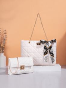2pcs Bow Decor Quilted Skinny Scarf Decor Chain Shoulder Tote Bag With Square Bag,Best Work Bag For Women White-Collar Workers,Teacher Teachers' Day,Outdoors,Travel,Outings,Shopping,Work,Business,Commute,Mommy And Me Matching Women Bags,Best Mother's Day Gift Ideas,School Bag Set,Lightweight,Portable,Large Capacity,Business Casual,For Teen Girls Women College Students,Perfect For Office,College,Middle School,High School,Work,Business,Commute,Stadium,Sports,Shopping,Holiday - White - View 3