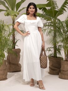 Mulvari Vestido de cuello cuadrado de manga farol ribete con fruncido - Blanco - Ver 1