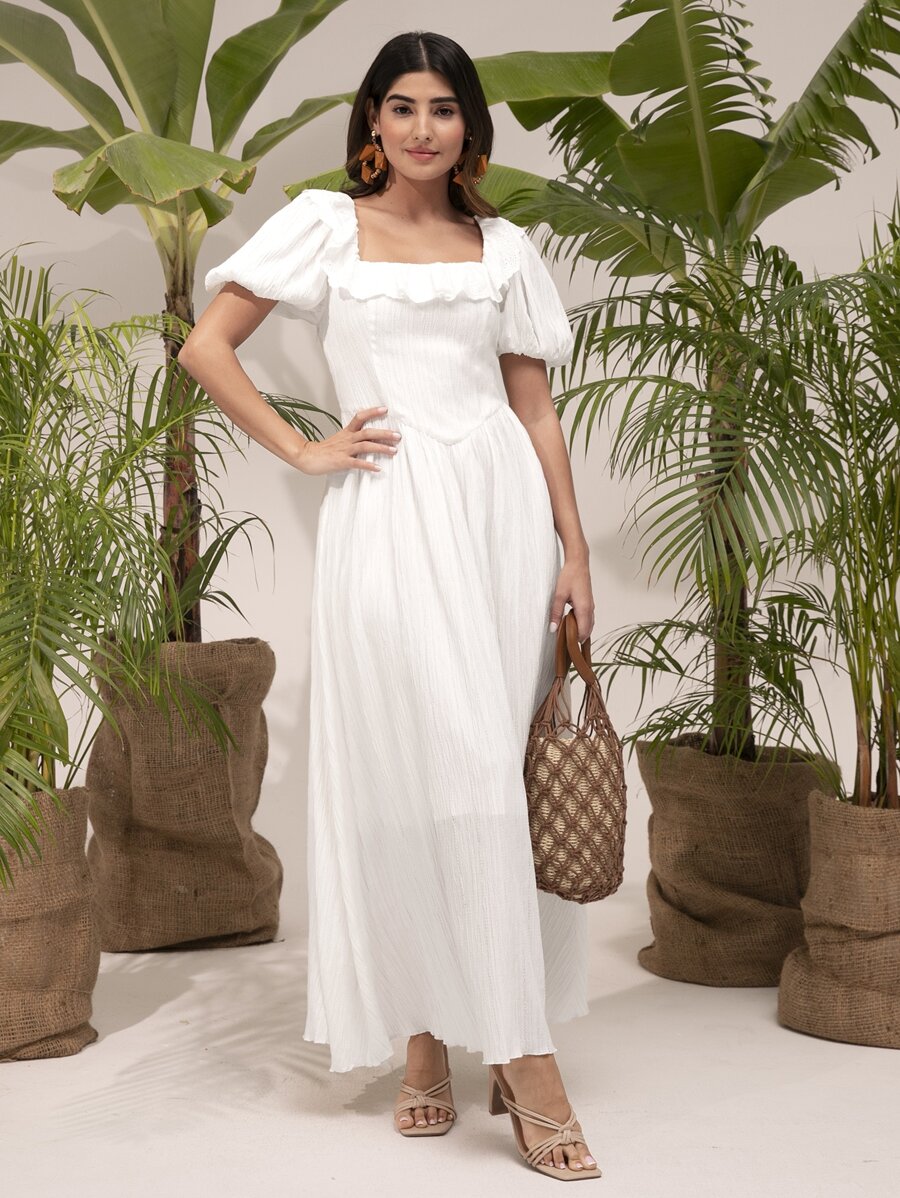 Mulvari Vestido de cuello cuadrado de manga farol ribete con fruncido - Blanco - Ver 1