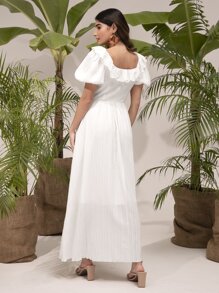 Mulvari Vestido de cuello cuadrado de manga farol ribete con fruncido - Blanco - Ver 2