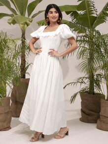Mulvari Vestido de cuello cuadrado de manga farol ribete con fruncido - Blanco - Ver 3