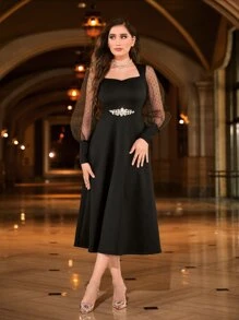 SHEIN Sweetheart Neck Contrast Dobby Mesh Dress - Black - View 1