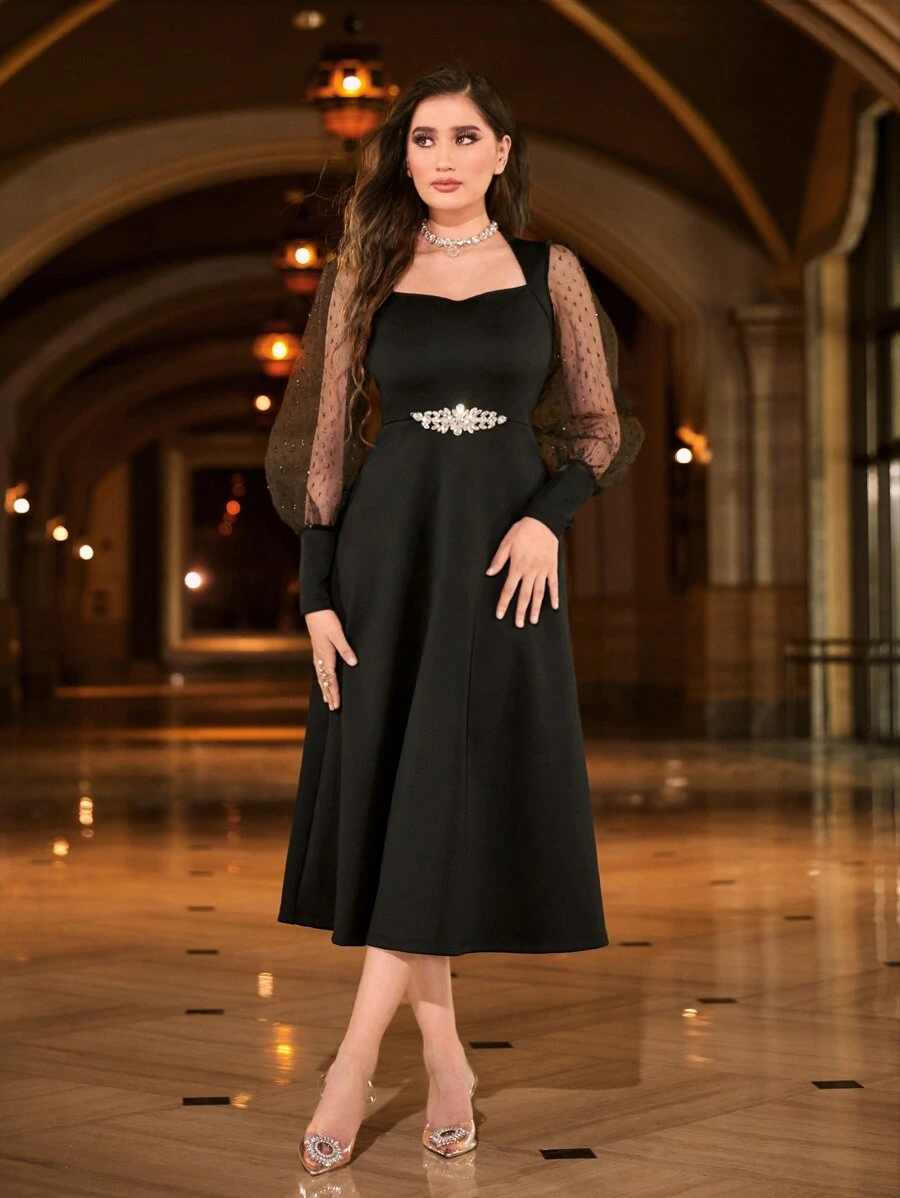 SHEIN Sweetheart Neck Contrast Dobby Mesh Dress - Black - View 1