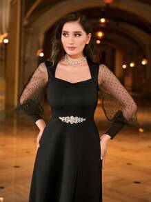 SHEIN Sweetheart Neck Contrast Dobby Mesh Dress - Black - View 4