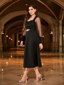 SHEIN Sweetheart Neck Contrast Dobby Mesh Dress - Black - View 5