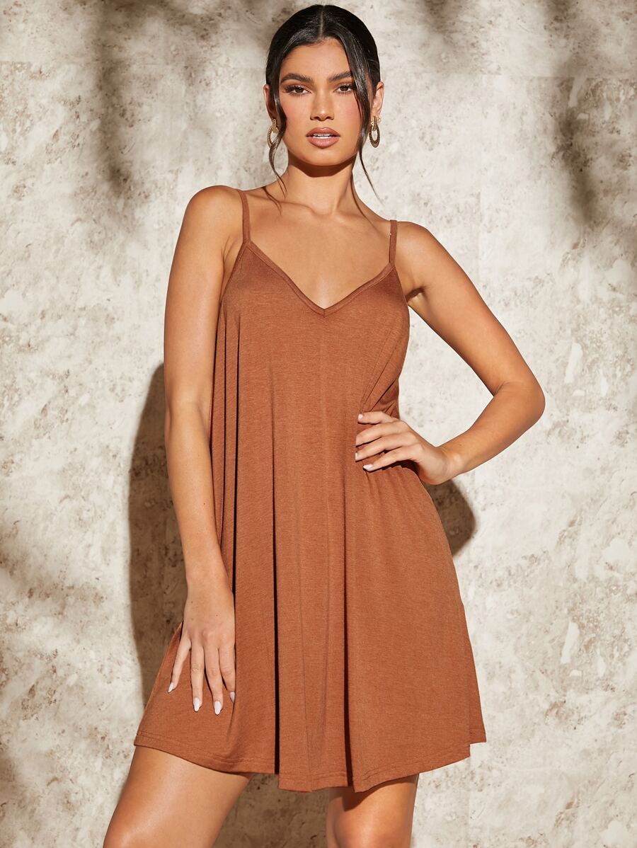 SHEIN Essnce Solid Backless Cami Dress - Brown - View 1