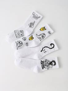 Hombres 4 pares Calcetines de tripulación con estampado de dibujos animados - Blanco y Negro - Ver 2
