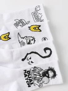 Hombres 4 pares Calcetines de tripulación con estampado de dibujos animados - Blanco y Negro - Ver 9
