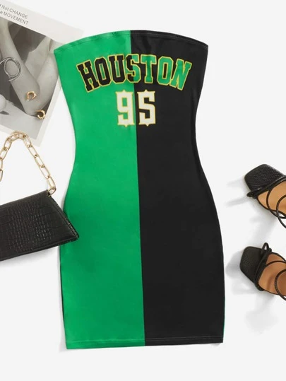 SHEIN EZwear Colourblock Letter & Number Print Tube Dress